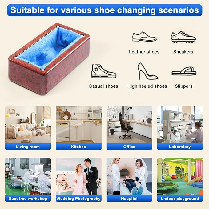 LYSHIYI Shoe Cover Dispenser with 100pcs Shoe Covers Disposable Non Slip, Woodgrain Red Automatic Shoe Cover Dispenser Fits Men's Size Up to 11,Durable Shoe Cover Machine for Indoor