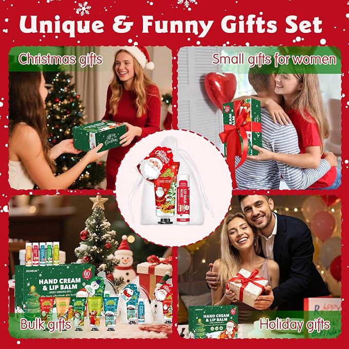 KONEUK 60 Pack Christmas Hand Cream and Lip Balm Set, Stocking Stuffers for Women, Bulk Hand Lotion for Christmas Gifts, Christmas Party Favors, Party Supplies and Christmas Decorations