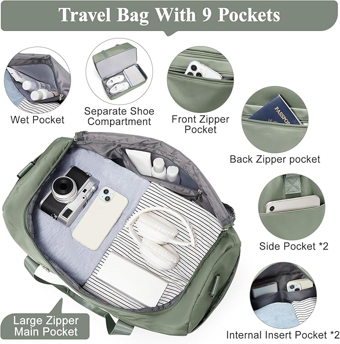 Travel Duffel Bag for Women, Carry-on Overnight Weekender Bags with Wet Pocket & Toiletry Bag, For Spirit Airlines 18x14x8 Personal Item Bag,Small,Olive Green