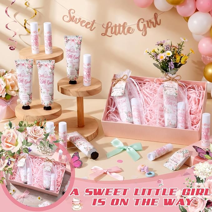 24 Sets Pink Bow Baby Shower Hand Cream and Lip Balm Gift, a Sweet Little Girl Is on The Way Baby Shower Favors, Pink Bow Party Favors for Guests Mini Hand Lotion and Lip Balm Coquette Party Supplies