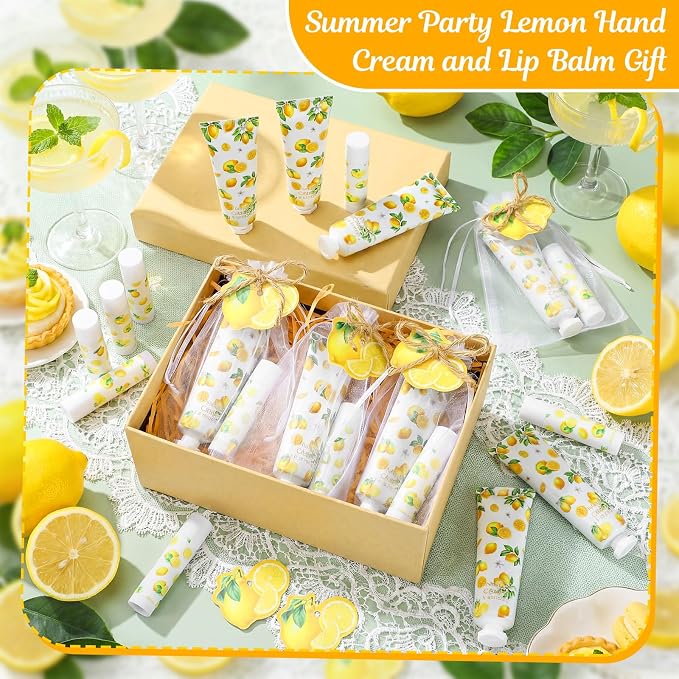 24 Sets Lemon Hand Cream and Lip Balm Gift Bridal Baby Shower Party Favors Travel Size Hand Lotion and Lip Balm Bulk with Organza Bags Tags Wedding Bridal Baby Shower Party Supplies for Guests