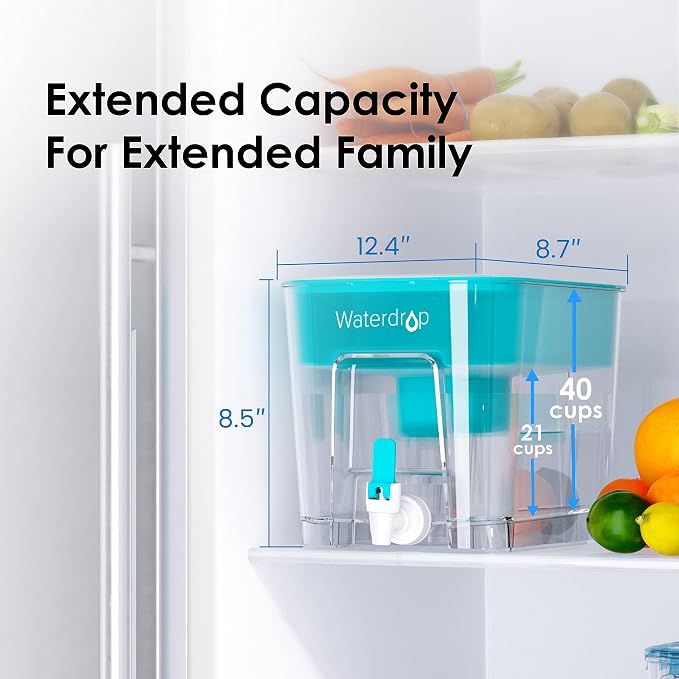 Waterdrop WFD-22B Large Water Filter Dispenser, 40-Cup Water Filter Pitcher, 200-Gallon Long-Life, Reduces Chlorine, PFOA/PFOS and More, BPA Free, Turquoise