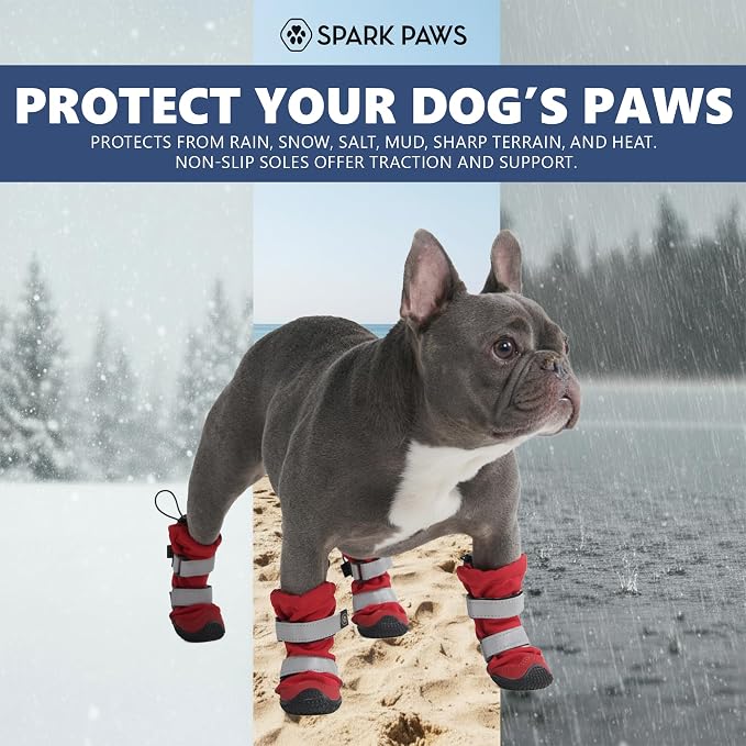 Spark Paws Dog Rainboots, Waterproof Dog Shoes for Medium to Large Dogs, Non Slip, Dog Booties and Paw Protectors - 4PCS Doggie Hiking Boots with Reflective Straps - Red, Size 5