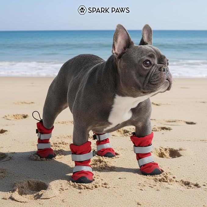 Spark Paws Dog Rainboots, Waterproof Dog Shoes for Medium to Large Dogs, Non Slip, Dog Booties and Paw Protectors - 4PCS Doggie Hiking Boots with Reflective Straps - Red, Size 5