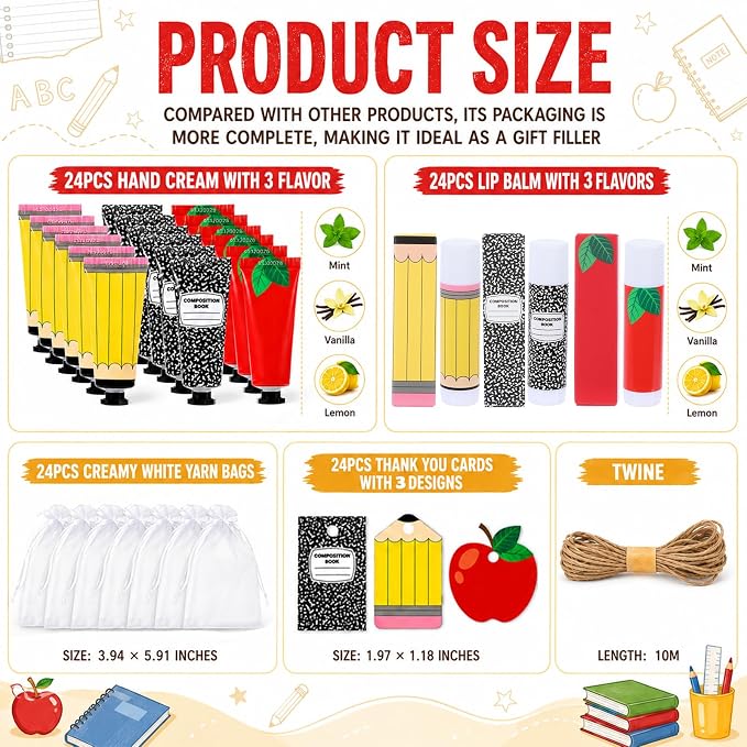 96Pcs 24 Sets Teacher Employee Appreciation Gifts Bulk Include Hand Cream Lotion Lip Balm with Bag Card Bulk Travel Size Thank You Gift for Employee Thank You Graduation Back to School Party Supplies