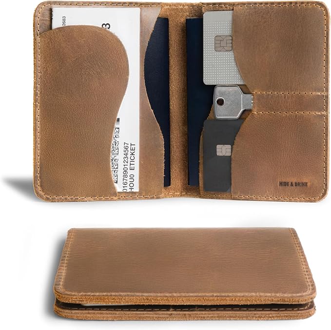 Hide & Drink, Double Passport Cover with Slots for Bills and Keys, Rustic Case, ID Organizer, Full Grain Leather, Handmade Accessories, Single Malt Mahogany