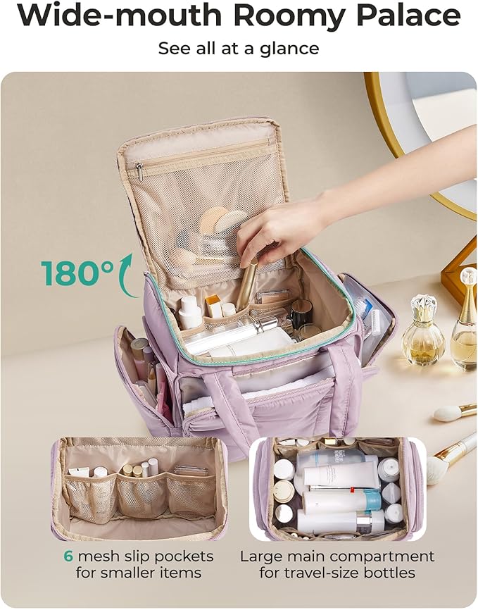 BAGSMART Puffy Travel Toiletry Bag, Roomy Makeup Bag with Multi-Pockets for Full-Sized Toiletries & Accessories, Purple