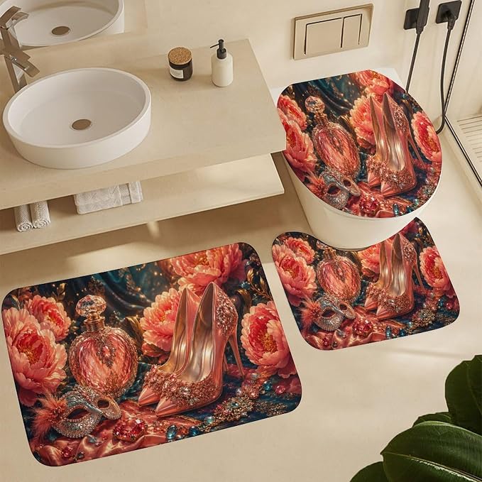Floral Embellished High Heels Perfume Bathroom Rug Set 4 Piece with Shower Curtain Non Slip Bath Mat Set Microfiber Bathroom Decor Toilet Lid Cover U Shape Rug Waterproof Bathroom Accessories