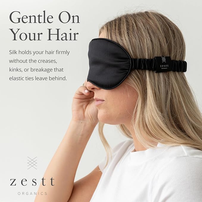 Zestt Organics Silk Sleep Mask Set, 100% Mulberry Silk Eye Mask for Women with Hair Scrunchie & Matching Carry Bag (Ivory)
