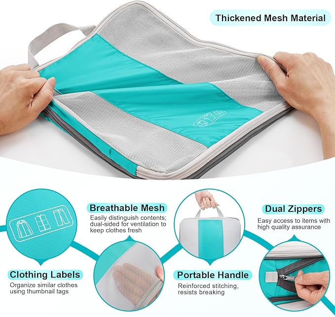 10 Set Compression Packing Cubes for Travel Essentials,Compressible Expandable Packing Cubes for Suitcase,OlarHike Luggage Garment Bags for Travel,Handy Helper for Organizing Clothes(Blue Green)