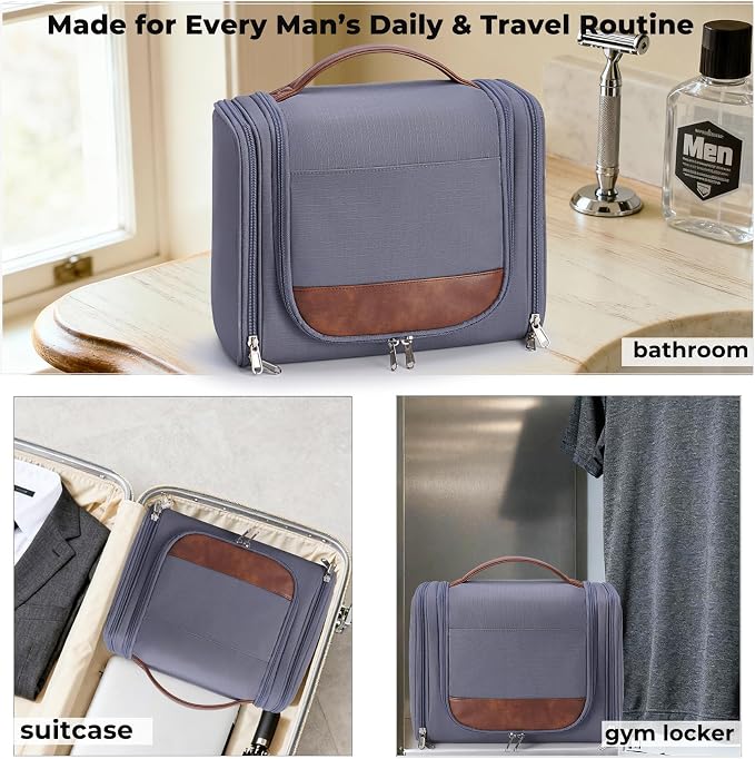 Ralnitote Large Hanging Toiletry Bag for Men, Travel Bathroom Bag with Hook, Hygiene Bag Organizer for Shower, Shaving & Grooming Essentials, Gray