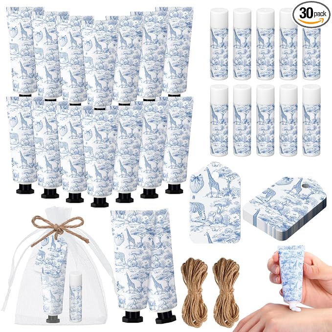 Qunclay 30 Sets Toile De Jouy Baby Shower Hand Cream and Lip Balm Gift Set Blue Chinoiserie Safari Animals Travel Size Hand Lotion Lip Balm Gifts Baby Bridal Shower Party Supplies for Guests