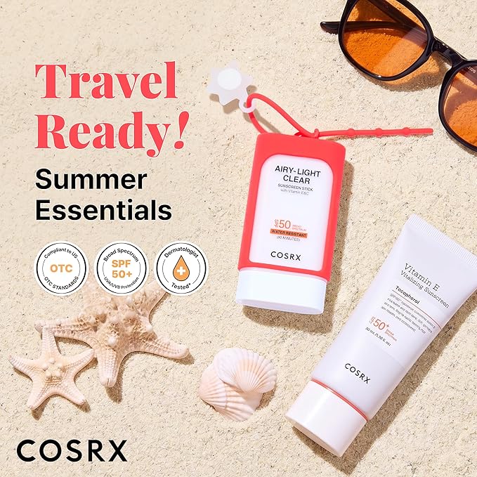 COSRX Vitamin E Sunscreen & Airy Light Clear Sunscreen Stick with Free Keyring, Amazon Exclusive, Korean Sunscreen, Beach Essentials, Travel Essentials, Korean Skincare Set Mothers Day Gifts for Woman