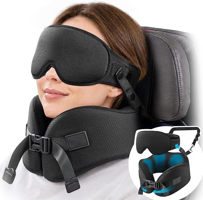 YFONG Travel Pillow for Long Flights, Patented 360° Ergonomic Sleeper Hold Head Support System with Memory Foam Neck Pillow & 3D Sleep Mask, Prevent Head Bobbing for Airplane & Road Trip, Black