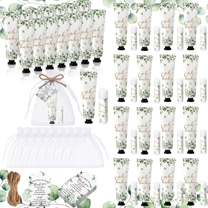 48 Sets/192 Pcs Sage Green Baby Shower Gifts for Guests Bulk Greenery Oh Baby Shower Hand Cream and Lip Balm Eucalyptus Travel Size for Girl Boy Gender Reveal Games Prizes Bridal Wedding