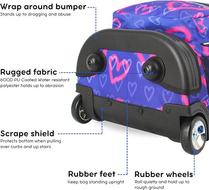 J World Sunrise Kids Rolling Backpack for Girls Boys. Roller Bookbag With Wheels For School, Heart Spray
