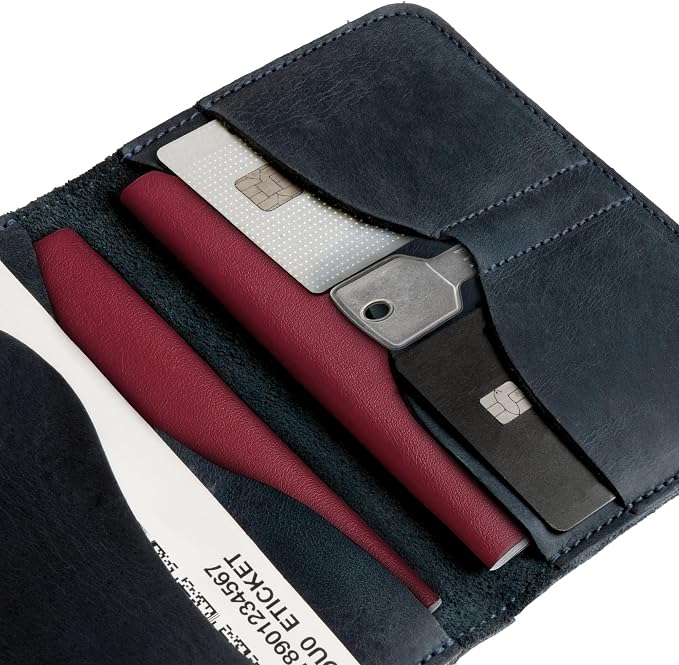 Hide & Drink, Double Passport Cover with Slots for Bills and Keys, Rustic Case, ID Organizer, Full Grain Leather, Handmade Accessories, Slate Blue