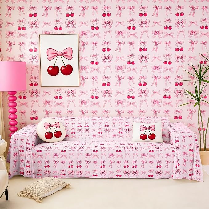 Erosebridal Light Pink Cherry Bow Couch Cover for 3 Cushion Couch Cute Ribbon Bowknot Sofa Cover for Dogs Princess Bow Tie Kawaii Water Resistant Furniture Protector Cover for Pet Cat,71" x 150"