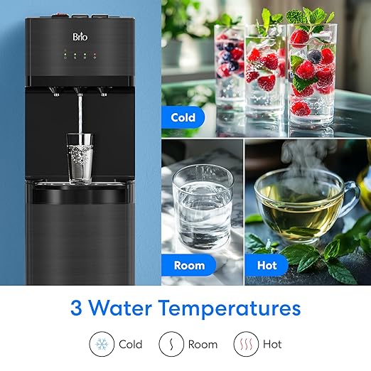 Brio Bottleless Water Cooler Dispenser w/ 4-Stage Filters (Included) removes PFAS & Microplastics for Clean Drinking Water, NSF Certified | 3 Temp (Hot, Room, Cold) w/Child Safety Lock & LED Display