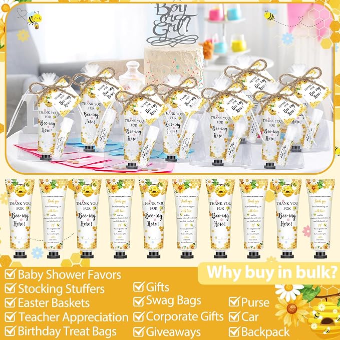 50 Sets 200 Pcs Baby Shower Hand Lotion and Lip Balm Gift Theme Baby Shower Party Favors Travel Size Hand Lotion and Lip Balm Bulk with Organza Bags Tags(50 Pcs,Bee)