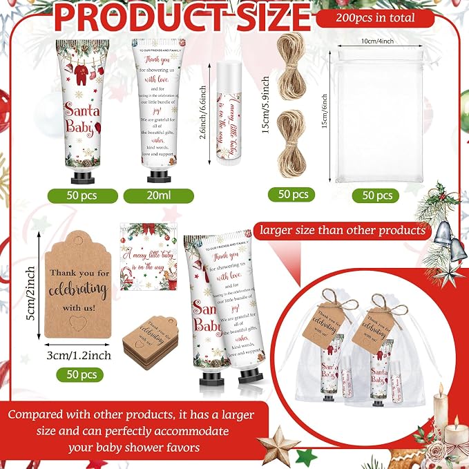 50 Sets 200 Pcs Christmas Santa Claus Baby Shower Gifts Bulk Hand Lotion and Lip Balm Gift Party Favors Travel Size Hand Lotion and Lip Balm with Organza Bags Tags