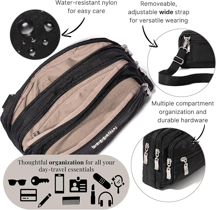 Baggallini Triple Zip Small Crossbody Bag for Women - Lightweight Convertible Fanny Pack Belt Bag