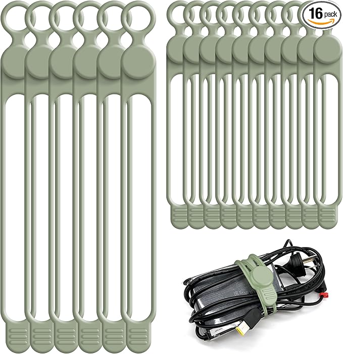 Silicone Cable Ties Cord Organizer for Cable Management, 16PCS 4.2" and 7.1" Reusable Cable Organizer Electronic Accessories for Home, Office, Kitchen, School, Travel (Green)