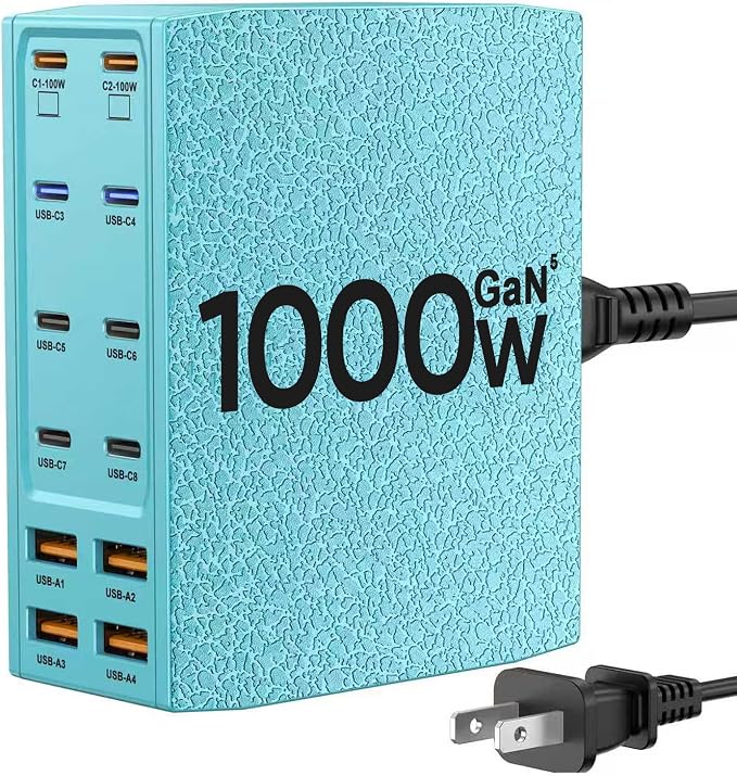USB Charging Station (1000W),12-Port USB C Charger Block with Dual 100W PD USB-C Fast Charging Station Hub for MacBook Pro/Air/All iPad Phone 17/16 15/14/13/Pro Max/Samsung Galaxy Note(Green)