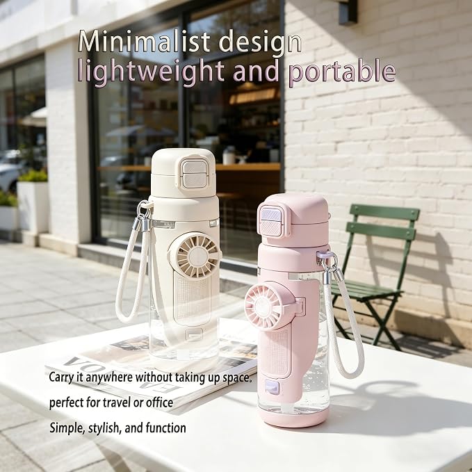 CRILEAL 2-in-1 Water Bottle with Foldable Fan, 690ml Portable Cooling Cup with Straw, 3-Speed USB-C Rechargeable Built-In Fan Bottle for Travel, Hiking, Beach and Summer Outdoor Use, White