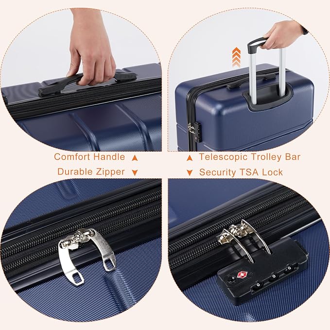 Sweetcrispy 28 Inch Carry On Luggage, ABS Hard Shell Lightweight Rolling Suitcase with Smooth Spinner Wheels and Built-in TSA Lock, Travel Suitcase for Business and Holiday Trips, Navy Blue