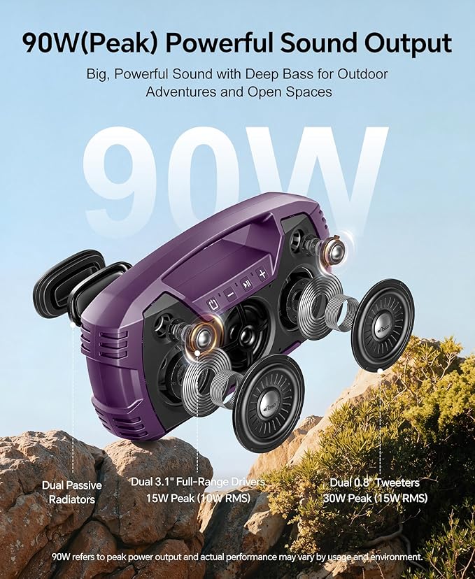 IPX7 Waterproof Outdoor Bluetooth Speaker, Wireless, 90W(Peak), 32H Playtime, Floating Design, Deep Bass & Loud Stereo Sound, Portable with Handle, Rugged for Pool, Beach, Kayaking, Hiking, Purple