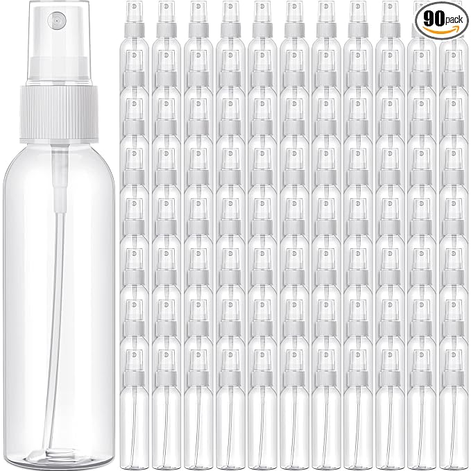 Nuogo 90 Pack 4 Oz Plastic Mini Spray Bottles Reusable Travel Size Perfume Refillable Mist Sprayer Empty Bottle for Essential Oil(Clear)