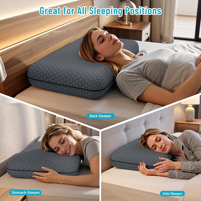 CushyOasis Memory Foam Pillows for Side, Back and Stomach Sleepers, Set of 2, Bed Pillow with Washable Cover and Breathable Mesh, Bed Pillow for Sleeping (Dark Grey，King Size)