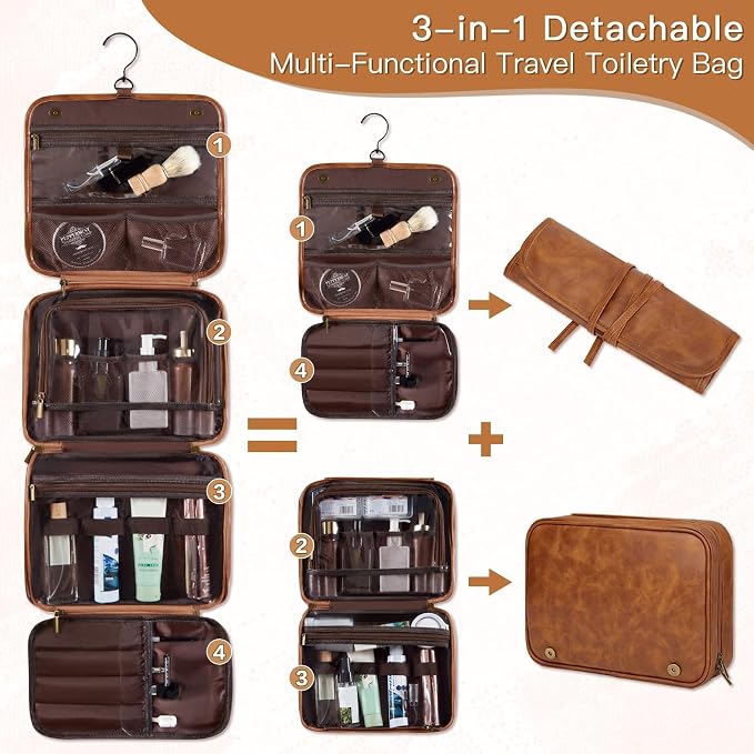 Personalized 3-in-1 Hanging Toiletry Bag Fathers Day Birthday Gifts for Men Dad Husband, Custom Initial Large Waterproof PU Leather Dopp Kit Shaving Bag Travel Essential for Him Light Brown Y