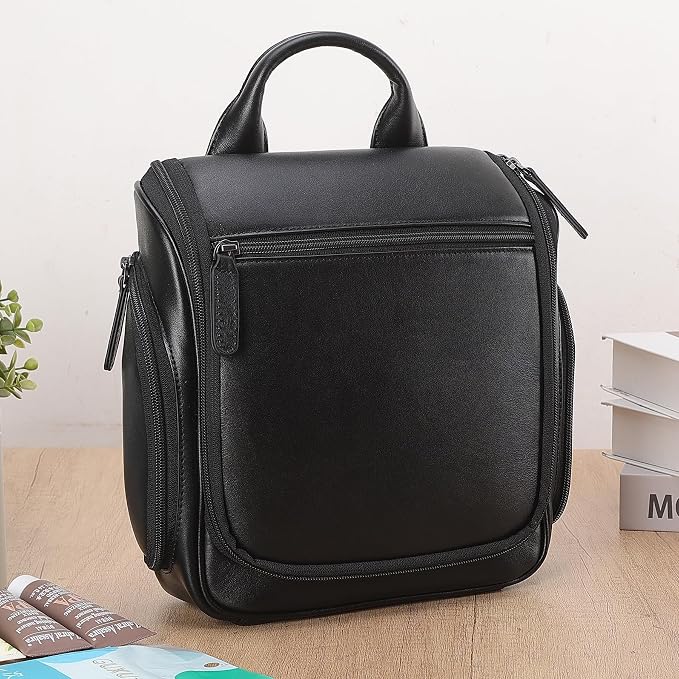 Masa Kawa Leather Hanging Travel Toiletry Bag for Men Portable Expandable Camping Cosmetics Makeup Toiletries Organizer Waterproof Bathroom Shaving Kit Black Wash Bags