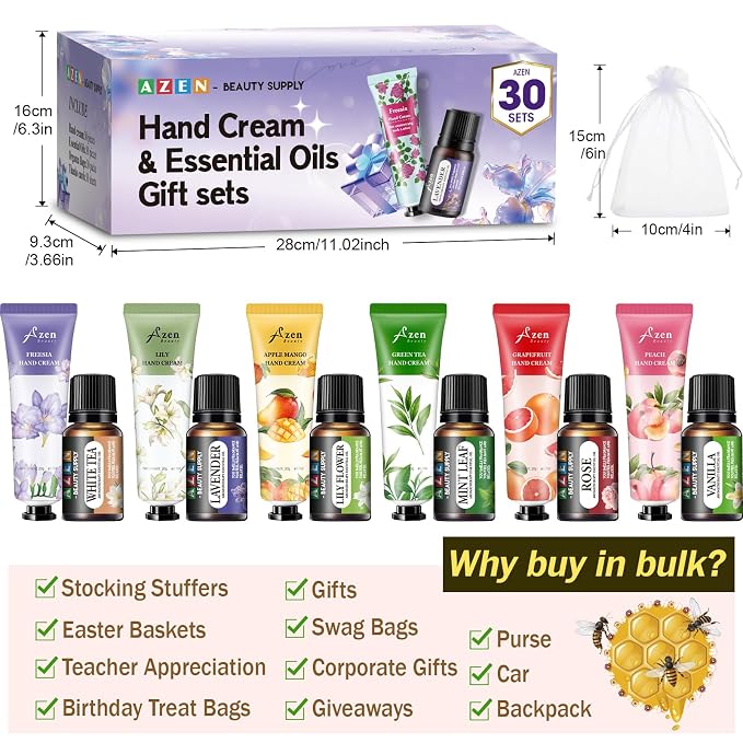 AZEN 30 Sets Bulk Gifts, Hand Cream and Essential Oils Bulk Set with Organza Bag Thank You Card, Baby Shower Wedding Gift for Guests, Bridal Wedding Favors, Mothers Day Gifts Stocking Stuffers