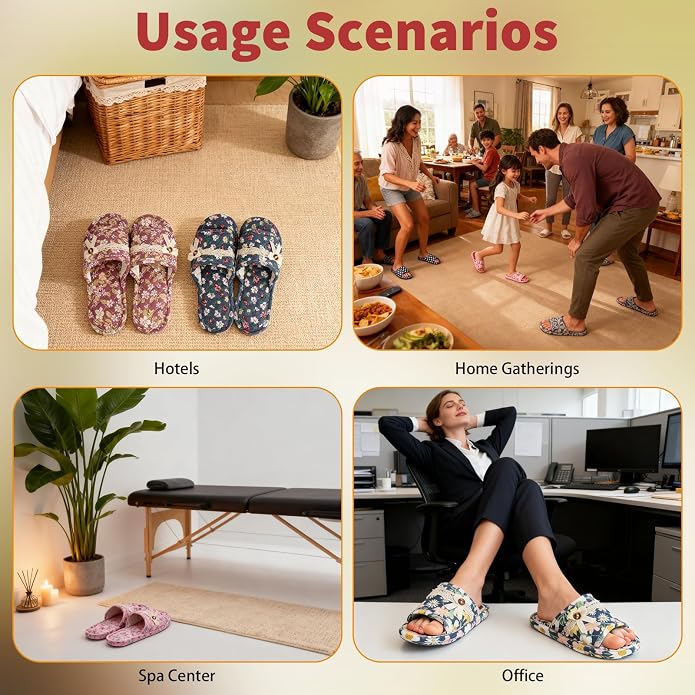 12 Pairs Floral Cotton House Slippers Washable Indoor Cotton Slippers Open Women Toe for Airplane Travel Hotel Guest Spa,2 Sizes