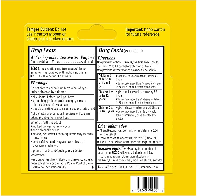 Dramamine Motion Sickness Chewable, Tablets to Prevent & Relieve Motion Sickness, Dizziness & Nausea, Orange Flavor, 4 Count