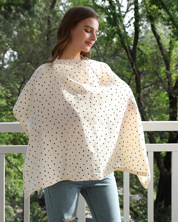 Nursing Cover for Baby Breastfeeding with Rigid Hoop, Breathable Soft 100% Muslin Cotton, Baby Breast Feeding & Pumping Apron (Beige Polka dots)