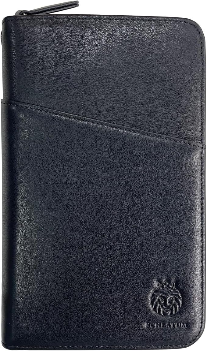 Leather Family Passport Holder RFID Blocking Vintage Zipper Large Capacity Travel Wallet with 6 Passport Slots & Wristlet, Black