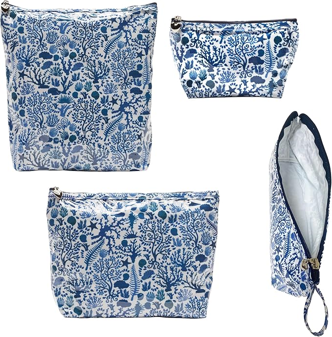 Jacaranda Living Small Cosmetic Bag - Water-Resistant, PVC-Lined, Compact & Travel Ready Make Up Bag, Easy to Clean - Blue Seashells