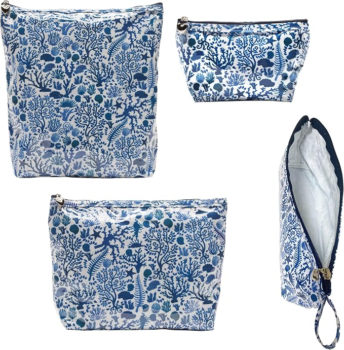 Jacaranda Living Large Cosmetic Bag – Water-Resistant Makeup & Toiletry Bag with PVC-Lined Interior, Travel Beauty Organizer, Blue Seashells