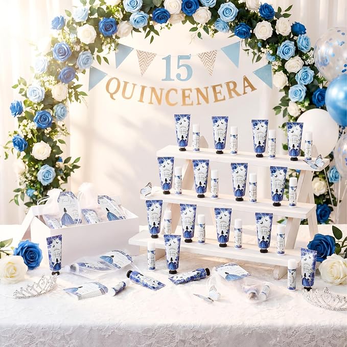 Leelosp 25 Set/100 Pcs Quinceanera Party Favor for Guest with Travel Size Hand Cream, Lip Balm, Card, Organza Bags Quinceanera Gift Set Sweet 15th Party Supply Birthday Souvenir(Blue)