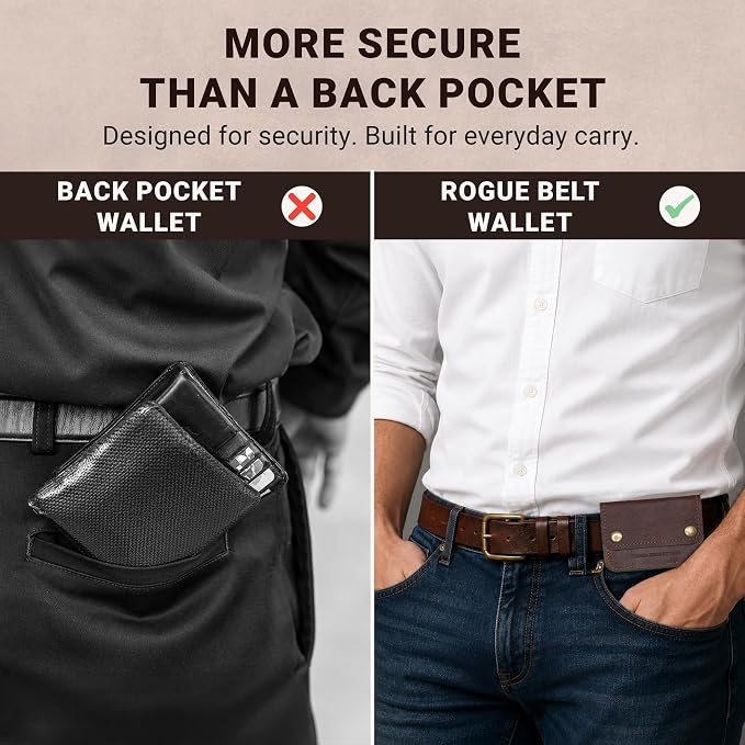 ROGUE WALLET Brown Travel Belt Wallet for Men – Full Grain Leather Cash Holder with Secure Snap Closure, Hidden Card & ID Carrier - Slim Travel Accessory for Everyday Carry