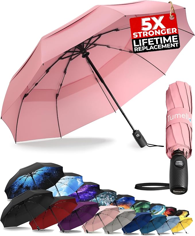TUMELLA Strongest Windproof Travel Umbrella (Compact, 100MPH Wind-Tested), Light, Portable, One-Handed Use, Automatic Folding Rain Umbrella, Durable, Premium Grip, Fits Car & Backpack