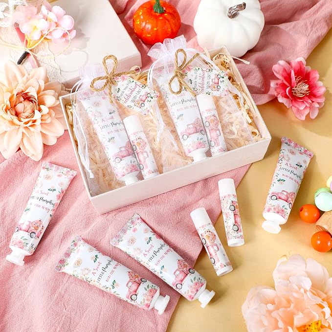 24 Sets Sweet Little Pumpkin Baby Shower Hand Cream and Lip Balm Gift a Sweet Little Pumpkin Is on the Way Baby Shower Party Favors Pink Floral Truck Travel Size Hand Lotion and Lip Balm for Guests