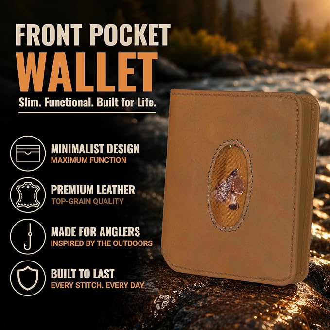ROGUE WALLET Angler Front Pocket Wallet for Men - Slim, Compact Leather Card Holder with ID Window - Minimalist Front-Pocket Wallet for Cash, Cards & Travel Essentials (Tan)
