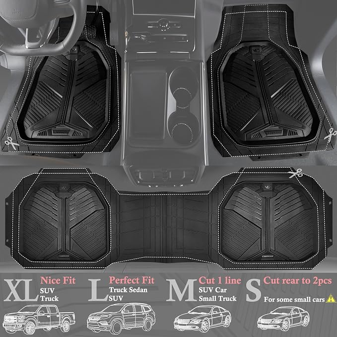 CAR PASS Heavy Duty Rubber Car Mats with Cargo Liner, Deep-Dish Car Floor Mats and Trunk Mat All Weather, Universal Trim-to-Fit for SUVs Trucks Sedans, Waterproof Anti-Slip, Trimmable V12 Black
