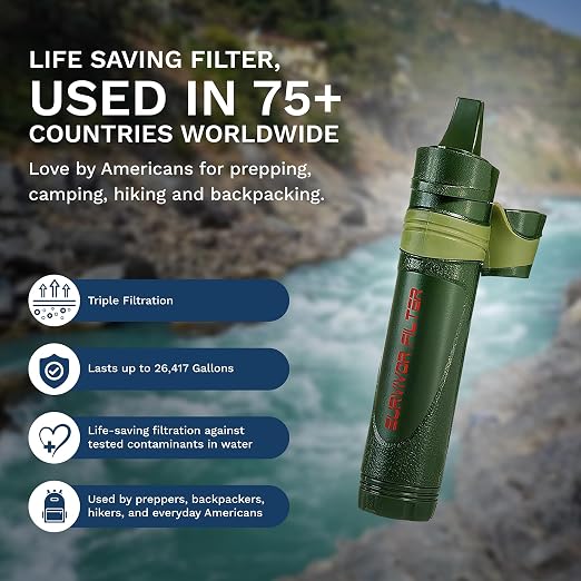 Survivor Filter Emergency Water Filter Straw – USA-Tested – 0.05 Micron Filtration – Portable Outdoor Water Filteration for Camping & Hiking - No Expiration