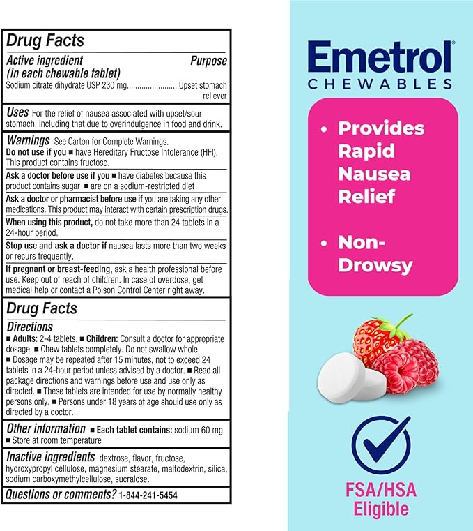 Emetrol Non-Drowsy Nausea Relief - Chewable Medicine for Upset Stomach - Pharmacist Recommended Nausea Relief - Mixed Berry Flavor, 60 Tablets